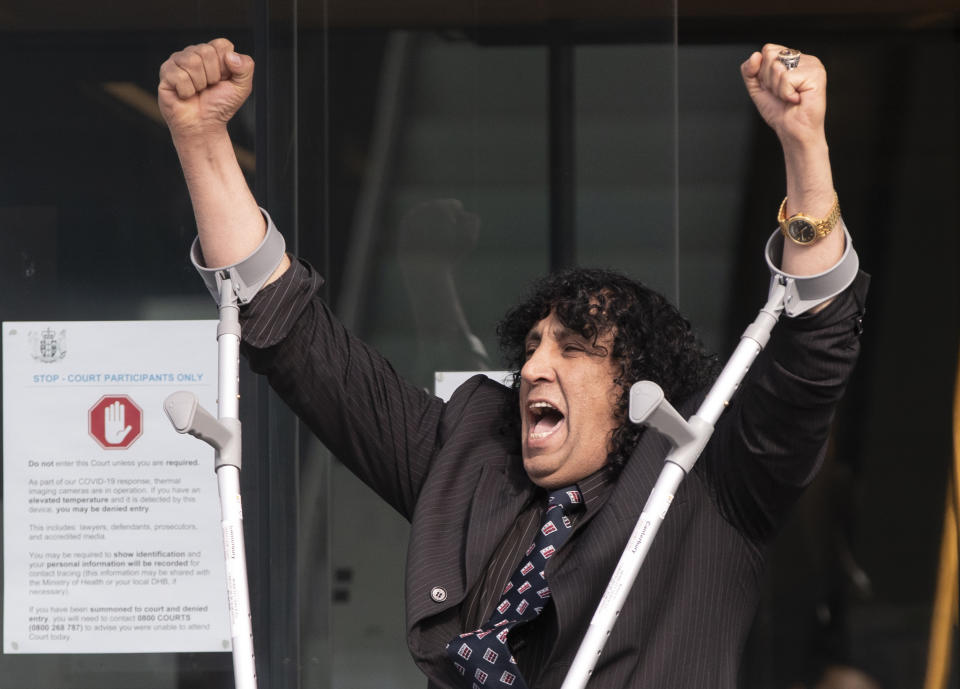 Mosque shooting victim Taj Mohammad Kamran reacts as he leaves the Christchurch High Court after the sentencing hearing for Australian Brenton Harrison Tarrant, in Christchurch, New Zealand, Thursday, Aug. 27, 2020. Tarrant, a white supremacist who killed 51 worshippers at two New Zealand mosques in March 2019 was sentenced to life in prison without the possibility of parole. (AP Photo/Mark Baker)