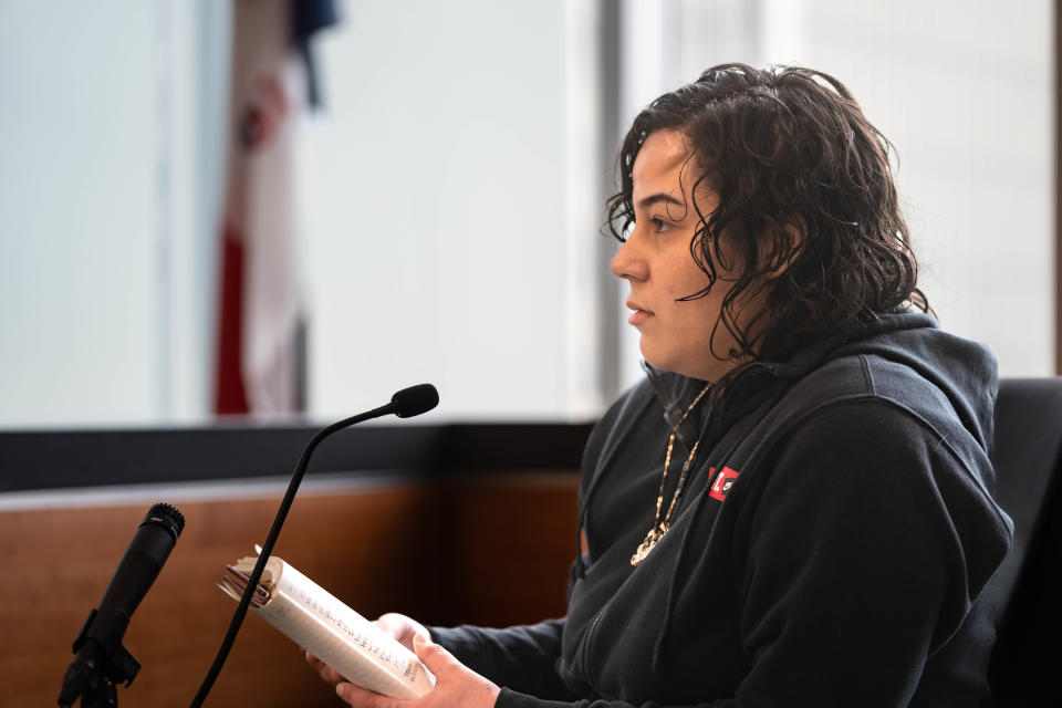 Shooting victim Jessica Lopez Torres gives a victim impact statement during a sentencing hearing for Romeo Perdomo on Feb. 21, 2023.