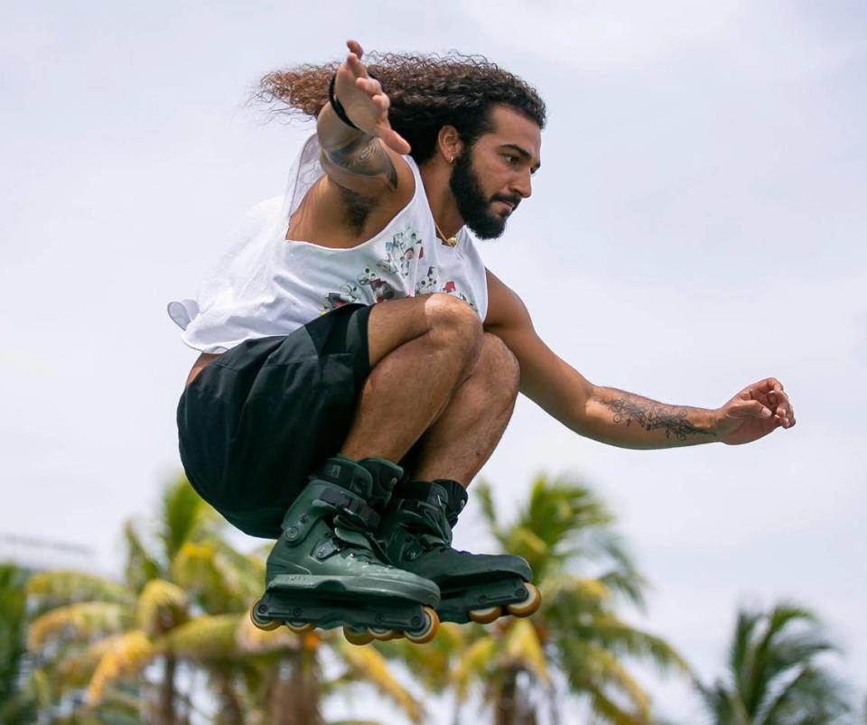 Rey Jaffet skates at Haulover Skateboard Park as high heat index temperatures continue across South Florida on Monday, June 21, 2021.