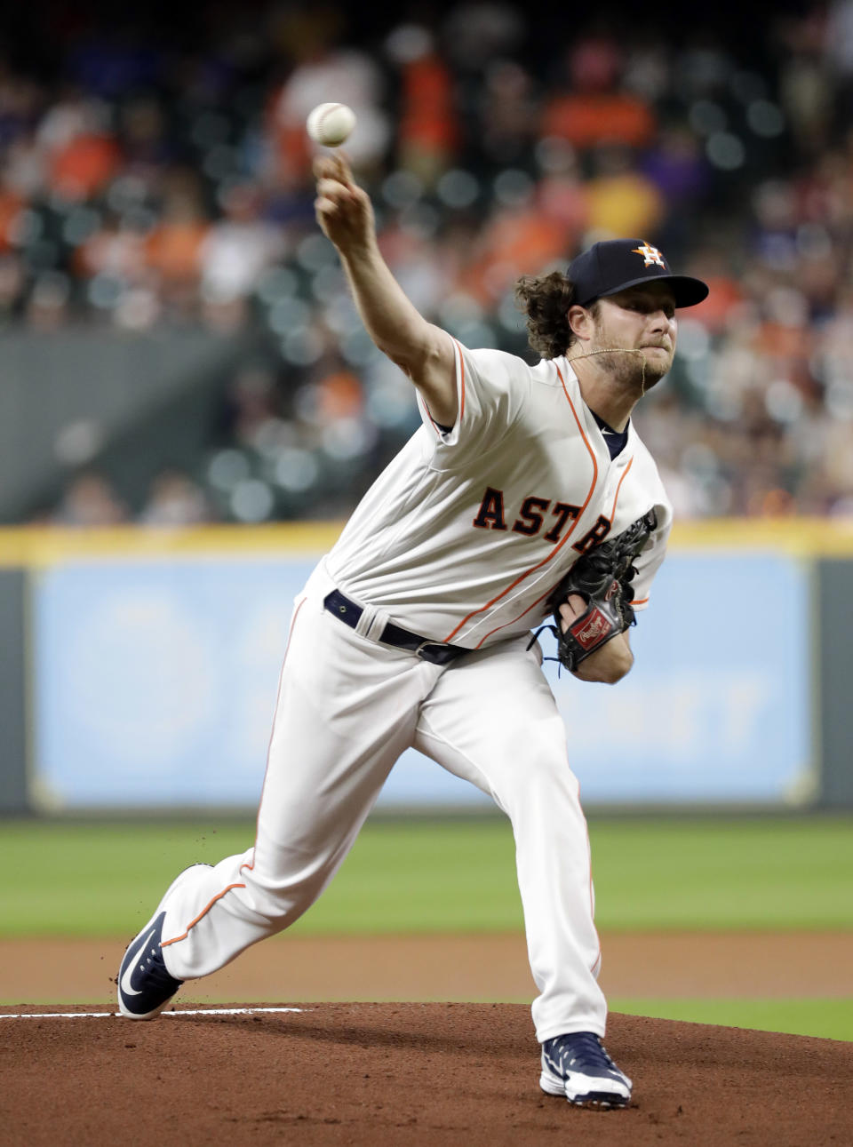 Houston Astros starting pitcher Gerrit Cole throws to a Colorado Rockies batter during the first inning of a baseball game Wednesday, Aug. 15, 2018, in Houston. (AP Photo/David J. Phillip)
