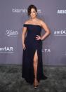 Ashley Graham looked sublime in a midnight blue Vivienne Westwood dress with a thigh-high split. New York, February 7, 2018