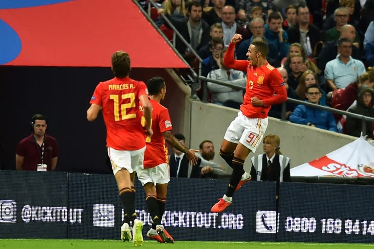 Spanish striker Rodrigo celebrates scoring the winning goal in a 2-1 victory at Wembley