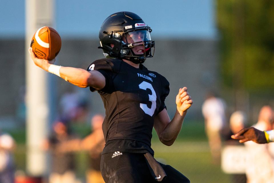 John Glenn's Chase Miller (3) throws a pass during the John Glenn vs. Riley football game Friday, Aug. 25, 2023 at John Glenn High School in Walkerton.