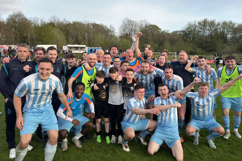 Arthurlie players celebrate beating Johnstone Burgh and reaching the Junior Cup final