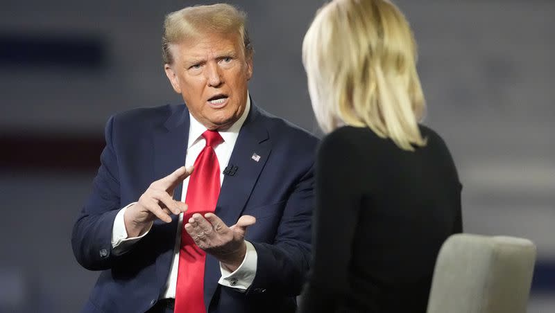 Republican presidential candidate former President Donald Trump speaks during a Fox News Channel town hall on Tuesday, Feb. 20, 2024, in Greenville, S.C., with moderator Laura Ingraham.