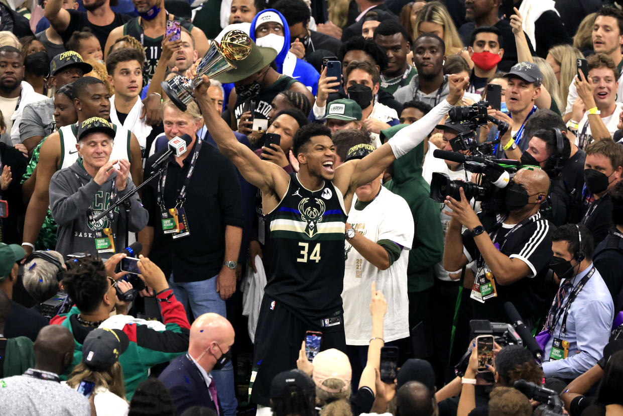 Giannis Antetokounmpo took his seat on the NBA pantheon on Tuesday. (Justin Casterline/Getty Images)