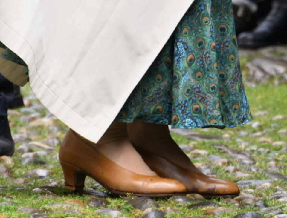Queen Camilla wears brown leather kitten heel shoes.