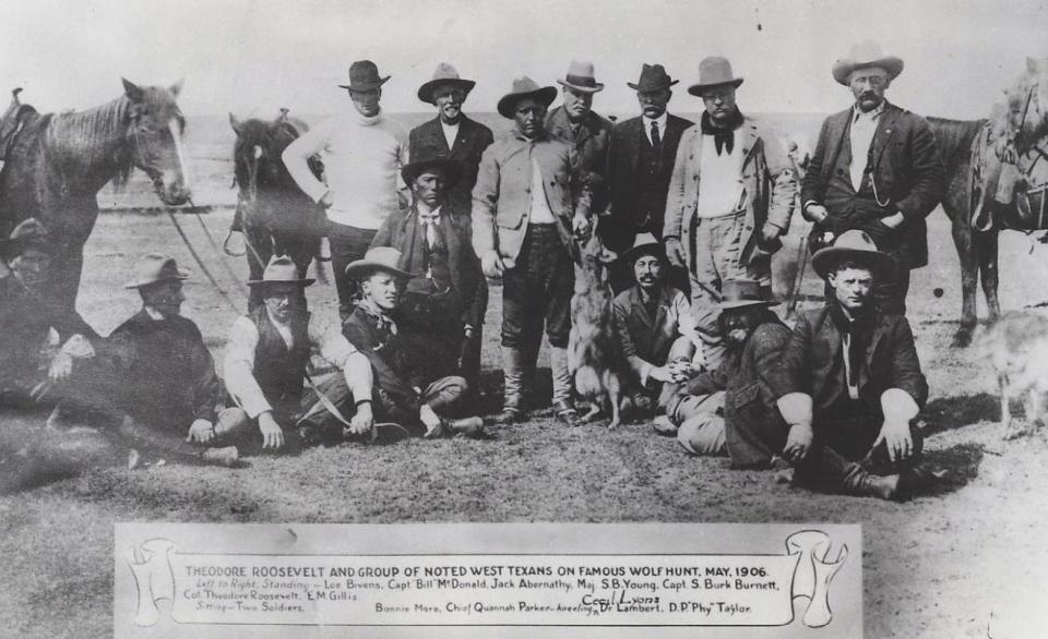 1906 wolf hunt, Indian Territory. Participants included Quanah Parker, Burk Burnett and Theodore Roosevelt.