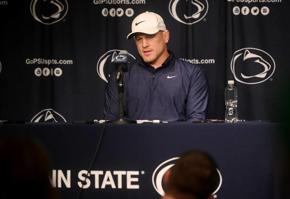 Penn State wrestling coach Cael Sanderson answers questions during the first availability of the season on Wednesday, Nov. 8, 2023.