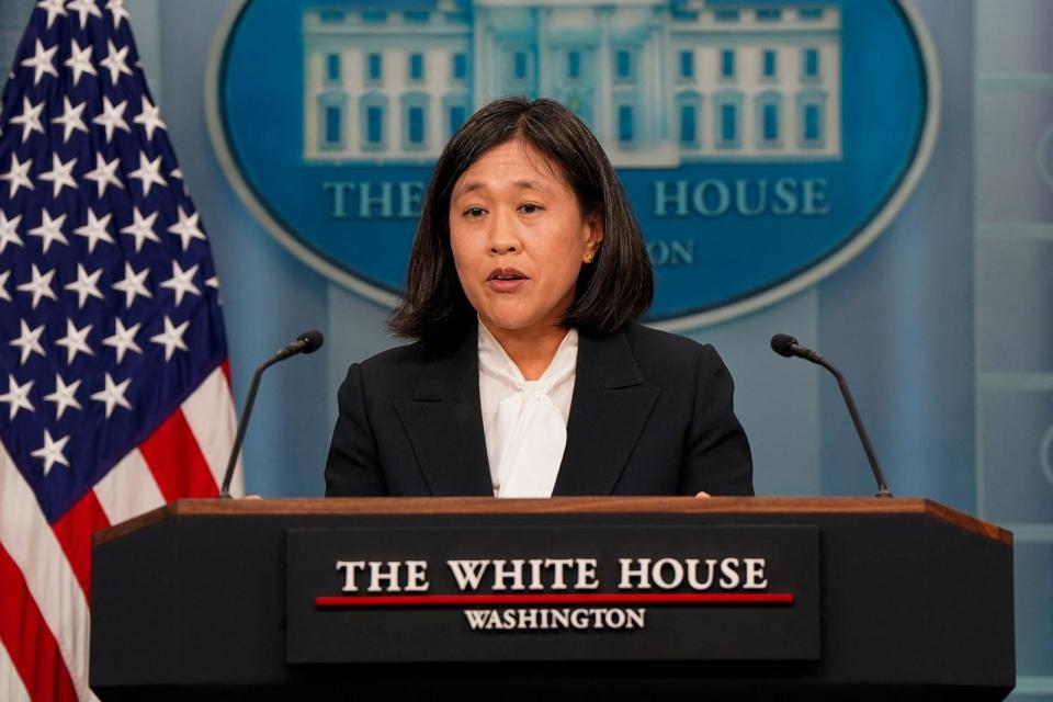 PHOTO: U.S. Trade Representative Katherine Tai speaks during a press briefing at the White House in Washington, May 14, 2024. (Elizabeth Frantz/Reuters)