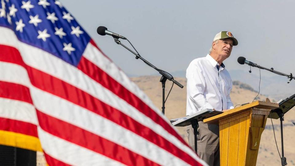 Former Idaho Gov. Dirk Kempthorne speaks Saturday in Boise at the 20 year reunion of the Idaho National Guard 116th Cavalry Brigade Combat Team Operation Iraqi Freedom deployment.