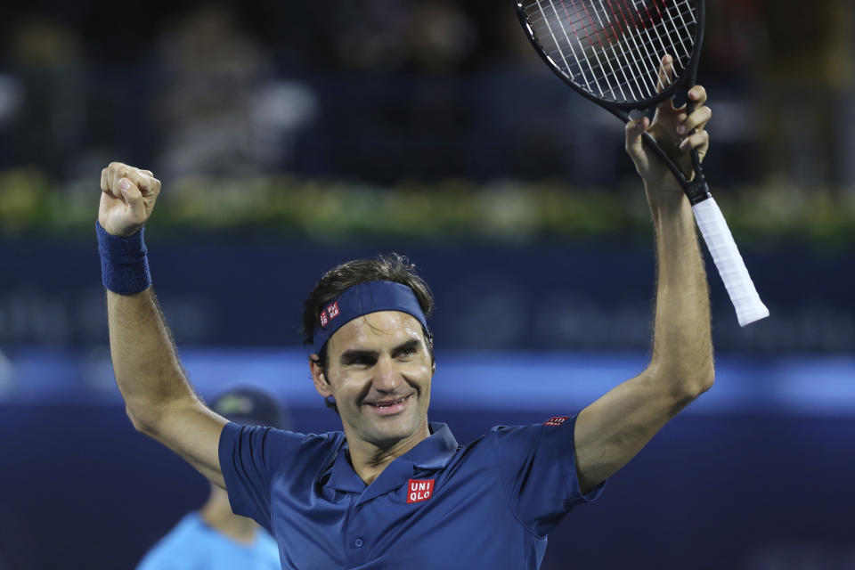 Roger Federer of Switzerland celebrates after winning the final match at the Dubai Duty Free Tennis Championship against Stefanos Tsitsipas of Greece during, in Dubai, United Arab Emirates, Saturday, March 2, 2019. (AP Photo/Kamran Jebreili)