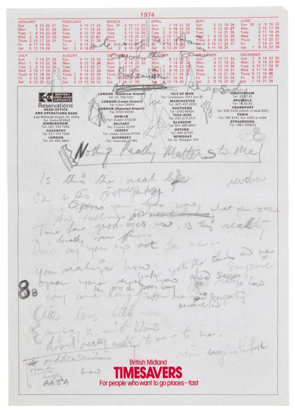 Freddie Mercury's handwritten lyrics for 'Bohemian Rhapsody,' which appear to show a different title