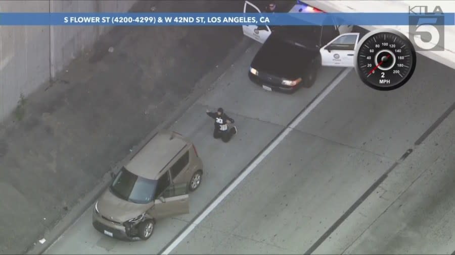 The suspect in the pursuit surrendered to LAPD on the 110 Freeway near the Vernon Avenue overpass on April 19, 2024. (KTLA)