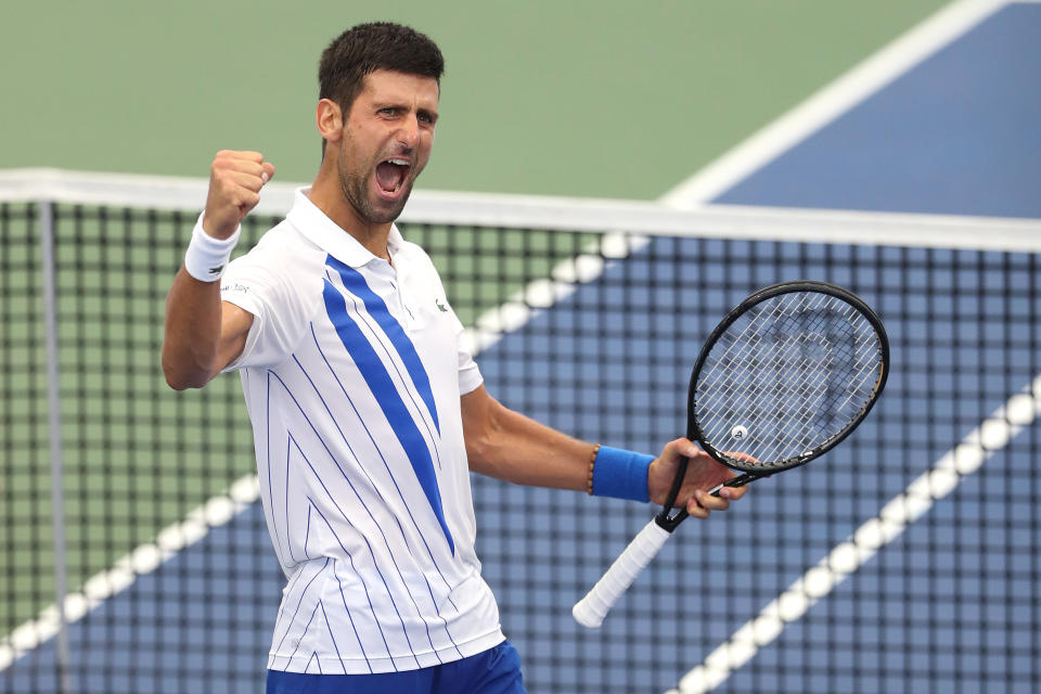 Novak Djokovic fist pumps and  celebrates after defeating Milos Raonic.