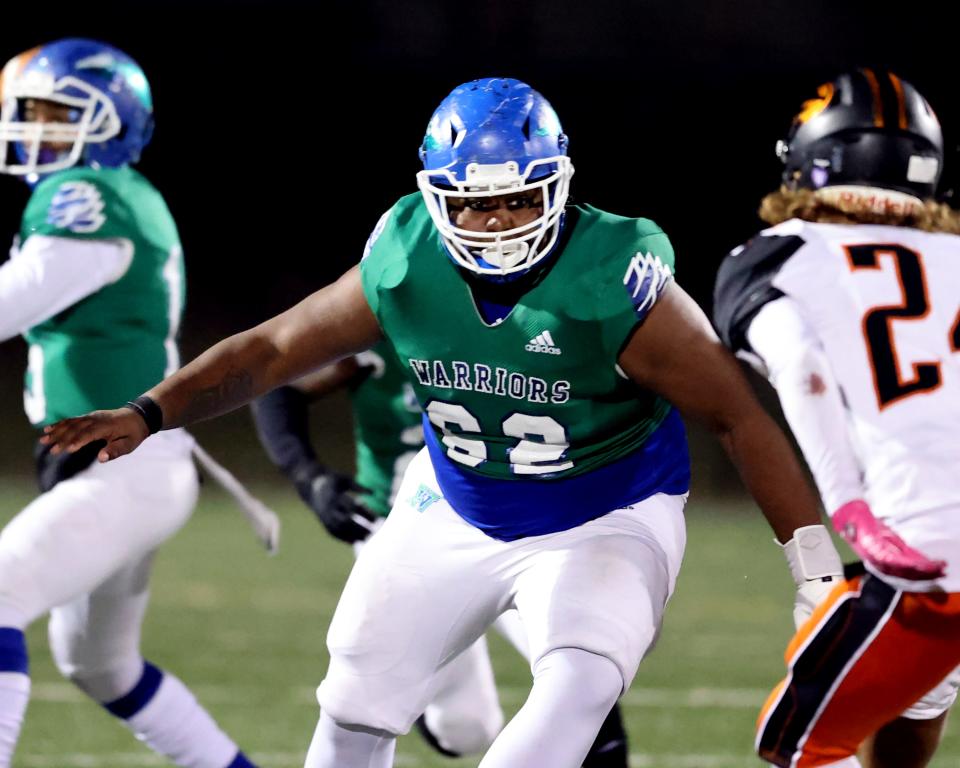 Winton Woods offensive lineman Will Edwards sets to block in the OHSAA DII football state semifinal at Westerville High School Nov. 26, 2021.