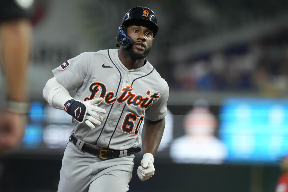 Detroit Tigers' Akil Baddoo (60) runs the bases after hitting a three-run home run during the second inning of a baseball game against the Miami Marlins, Saturday, July 29, 2023, in Miami. (AP Photo/Marta Lavandier)