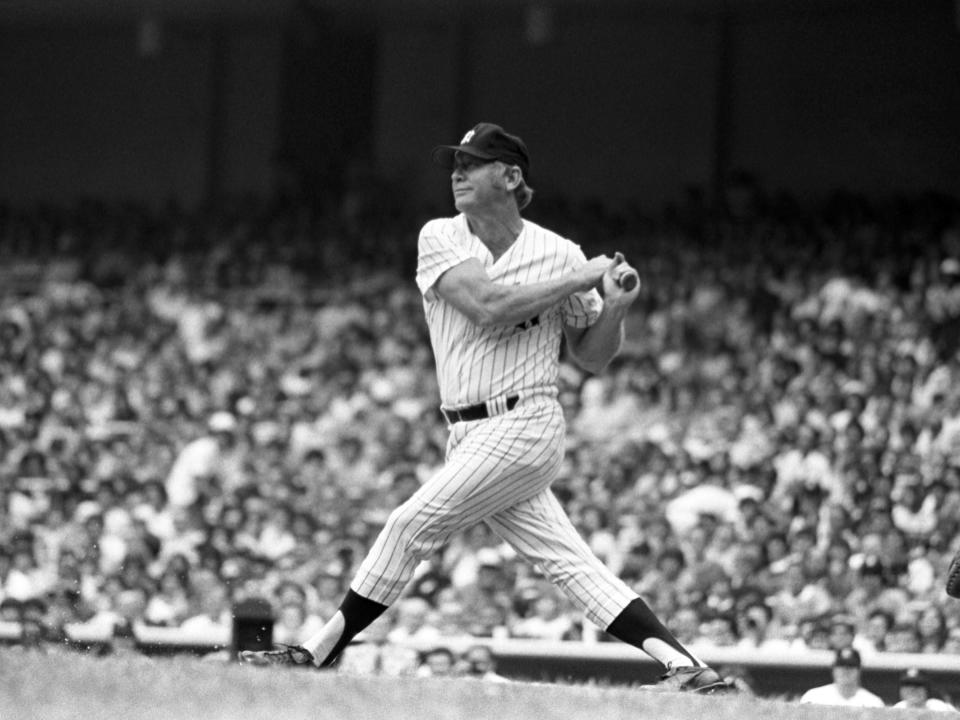 Mickey Mantle, seen here during an “Old Timers Day” game in 1977, had a game-worn jersey from the 1958 season sell for nearly $4.7 million at auction Saturday. (Rich Pilling/Diamond Images via Getty Images)