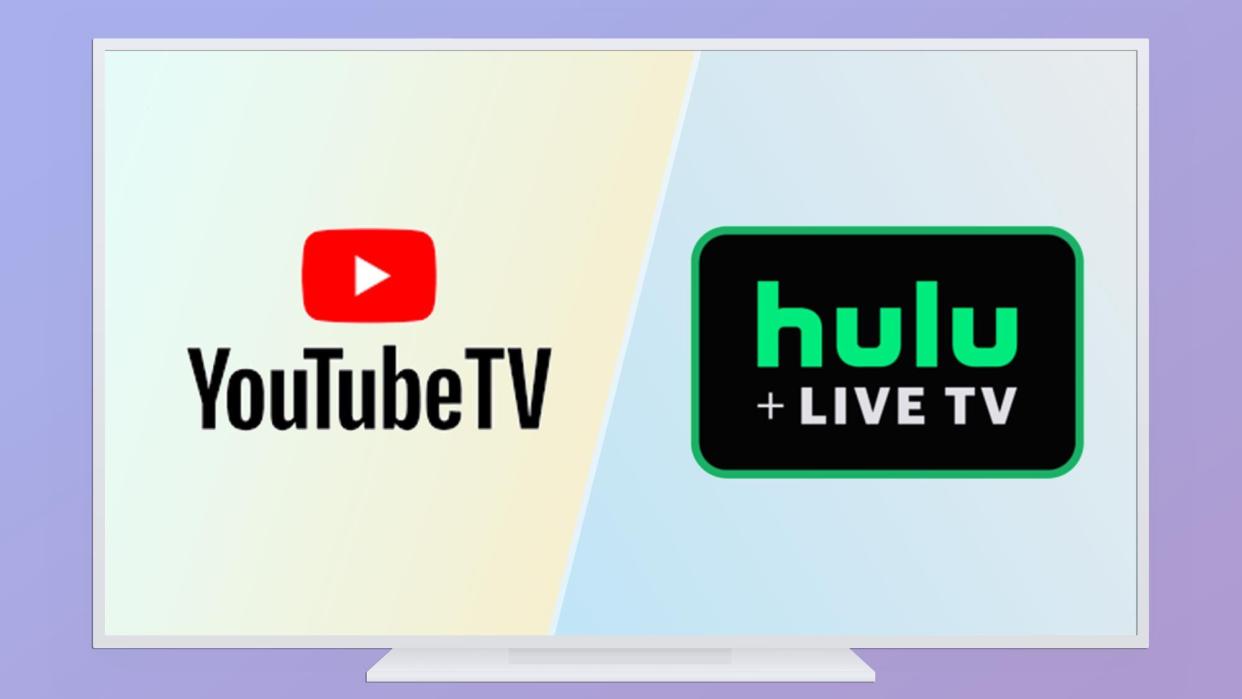  A graphic of a TV with its screen split by logos of YouTube TV and Hulu + Live TV. 