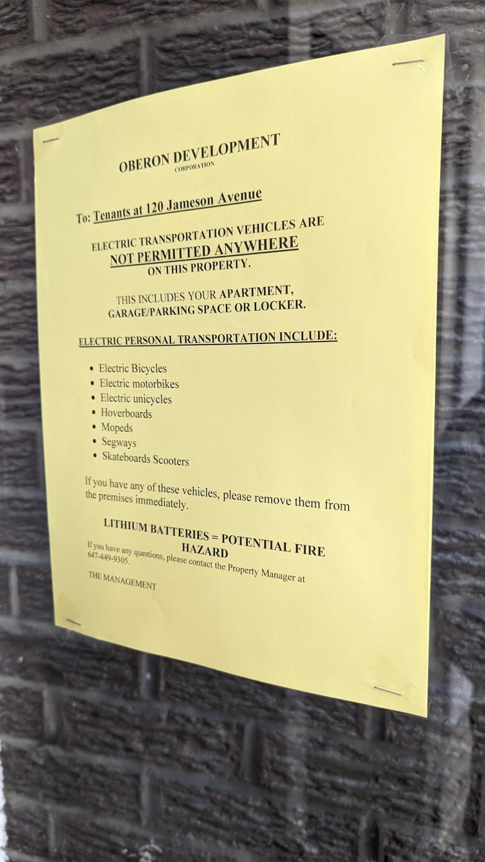A notice of the ban on electric transportation devices posted at 120 Jameson Avenue. 
