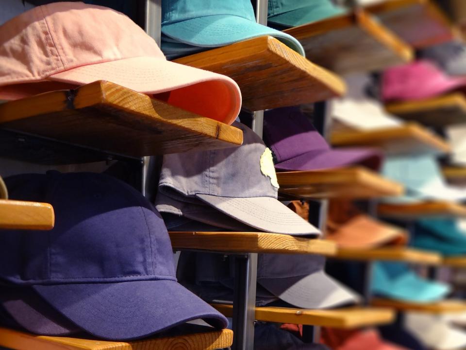 Baseball caps on display