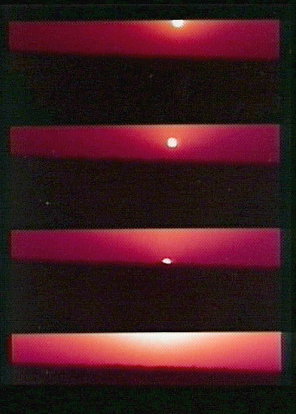 FILE - This combination of Thursday, July 31, 1997 color-enhanced images made available by NASA shows the sunrise on the planet Mars, taken by the Mars Pathfinder. (AP Photo/NASA TV)