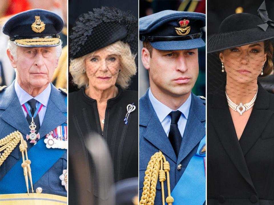 A side-by-side of King Charles III; Camilla, the Queen Consort; Prince William; and Kate Middleton.