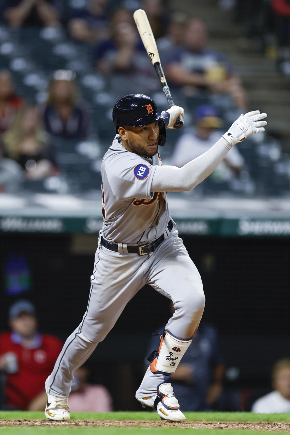 Detroit Tigers' Victor Reyes watches his RBI single off Cleveland Guardians relief pitcher Sam Hentges during the eighth inning in the second baseball game of a doubleheader Monday, Aug. 15, 2022, in Cleveland. (AP Photo/Ron Schwane)
