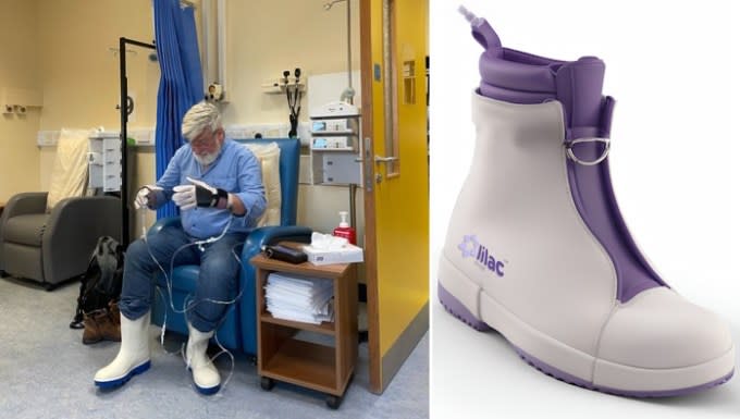 A prototype version of the Lilac gloves and boots in use.