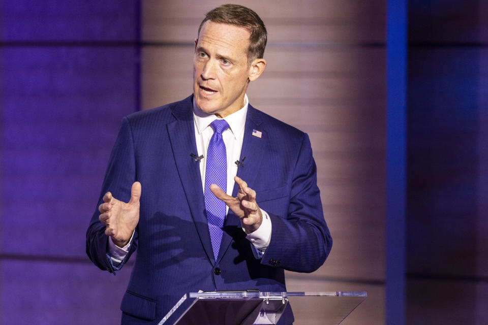 Republican candidate for U.S. Senate, U.S. Rep. Ted Budd, R-N.C., answers a question during a televised debate with Democratic challenger Cheri Beasley, Friday, Oct. 7, 2022, at Spectrum News 1 studio in Raleigh, N.C. (Travis Long/The News & Observer via AP, Pool)