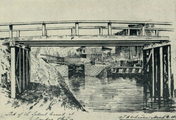 Thomas Kelah Wharton’s sketch shows a view of the lock basin at the entrance of the Ohio Canal in Columbus.