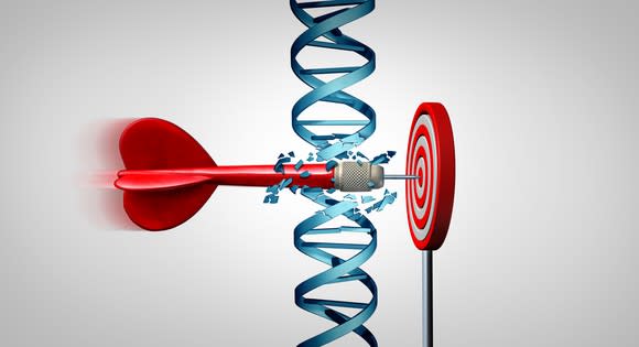 Dart slicing through DNA to hit dartboard