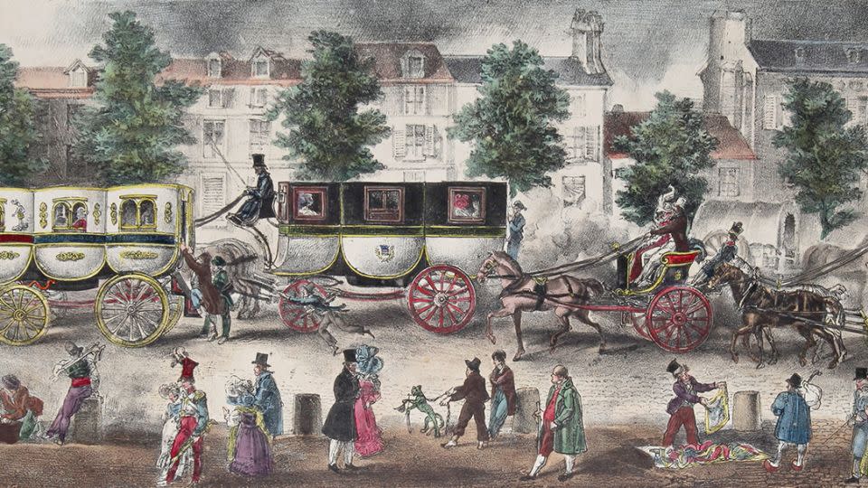 Coloured engraving depicting pedestrians and carriages on the boulevards of Paris, France, around 1750. - adoc-photos/Corbis/Getty Images