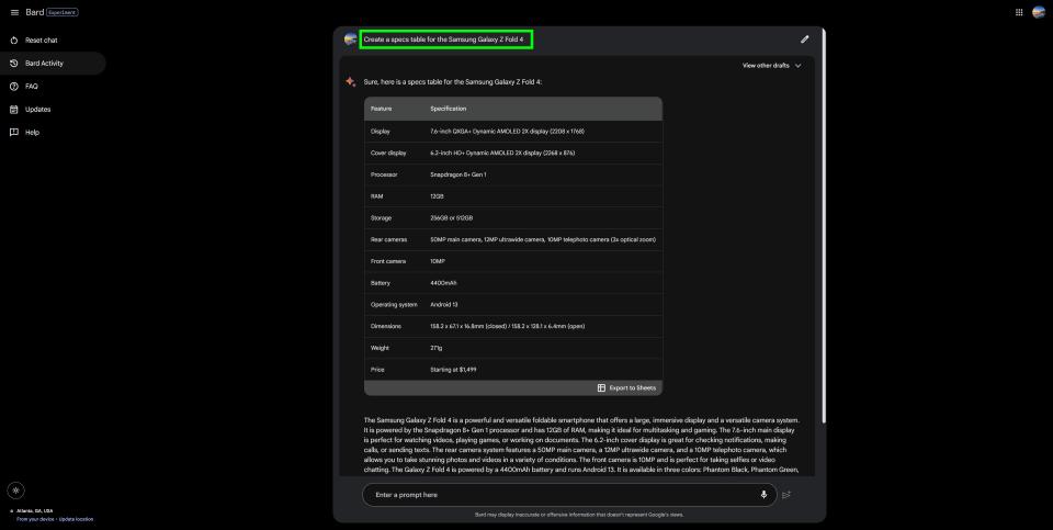 A view of Google Bard's user interface after it has been given a direct prompt to create a specs table for the Samsung Galaxy Z Fold 4. The prompt is highlighted with a green box surrounding the prompt text.