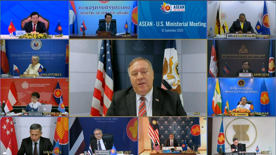 This image taken from video provided by VTV shows U.S. Secretary of State Mike Pompeo speaking during an online meeting with ASEAN foreign ministers on Thursday, Sept. 10, 2020. During the meeting, Pompeo slashed out on China saying Beijing does not respect fundamental democratic values and urged ASEAN nations to act against China's dominance. (VTV via AP)