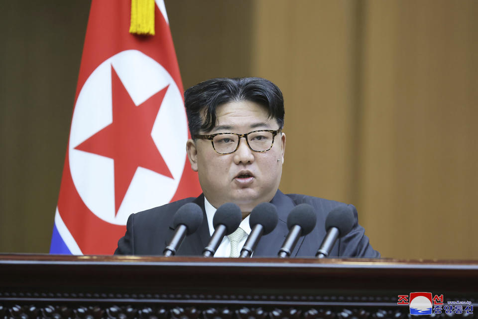 In this photo provided by the North Korean government, North Korean leader Kim Jong Un speaks at the Supreme People’s Assembly in Pyongyang, North Korea Monday, Jan. 15, 2024. Independent journalists were not given access to cover the event depicted in this image distributed by the North Korean government. The content of this image is as provided and cannot be independently verified. Korean language watermark on image as provided by source reads: "KCNA" which is the abbreviation for Korean Central News Agency. (Korean Central News Agency/Korea News Service via AP)