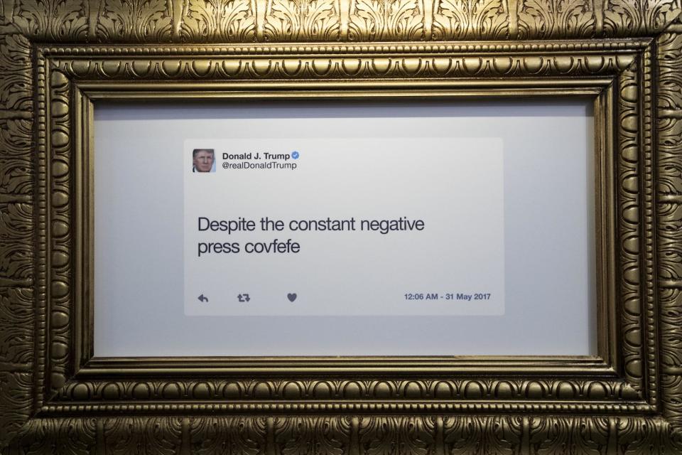 A tweet is displayed at The Daily Show-produced 'Donald J. Trump Presidential Twitter Library' (Photo by Drew Angerer/Getty Images): Getty Images