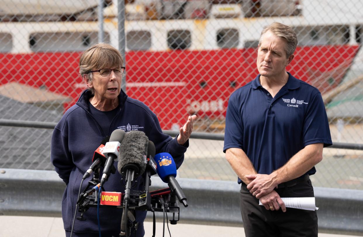 Transportation Safety Board Chair Kathy Fox Responds to a question during a news conference (AP)