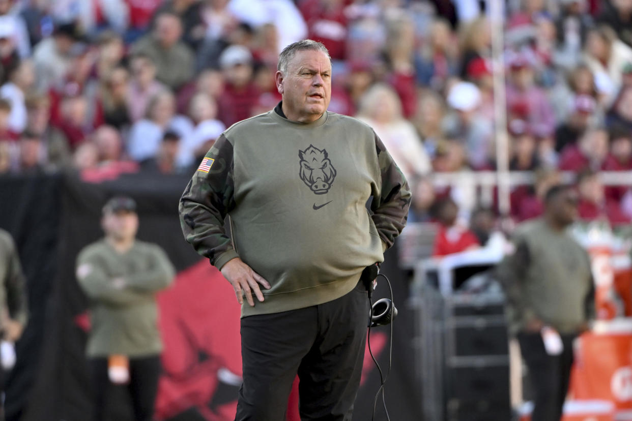 Arkansas coach Sam Pittman on the sidelines against Auburn during an NCAA college football game Saturday, Nov. 11, 2023, in Fayetteville, Ark. (AP Photo/Michael Woods)