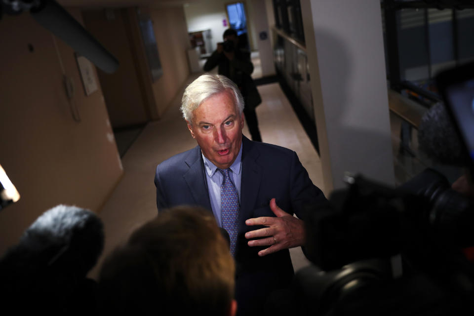 European Union chief Brexit negotiator Michel Barnier talks to journalists before a Brexit Steering Group meeting at the European Parliament in Brussels, Thursday, Sept. 26, 2019. (AP Photo/Francisco Seco)