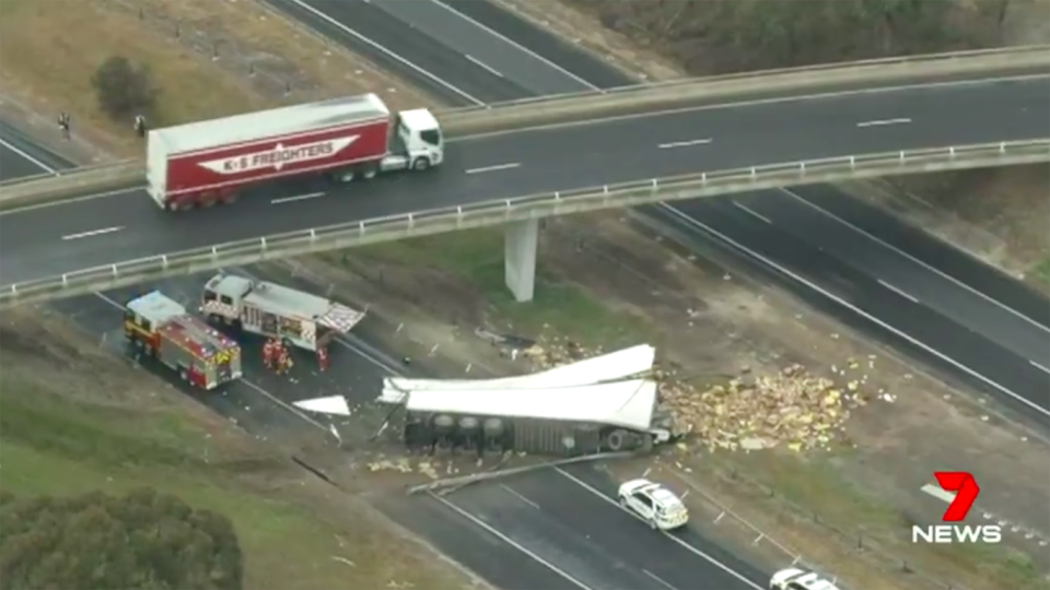 The driver had lost control of his semi-trailer as he veered off the onramp to the Hume Freeway at Seymour. Source: 7 News