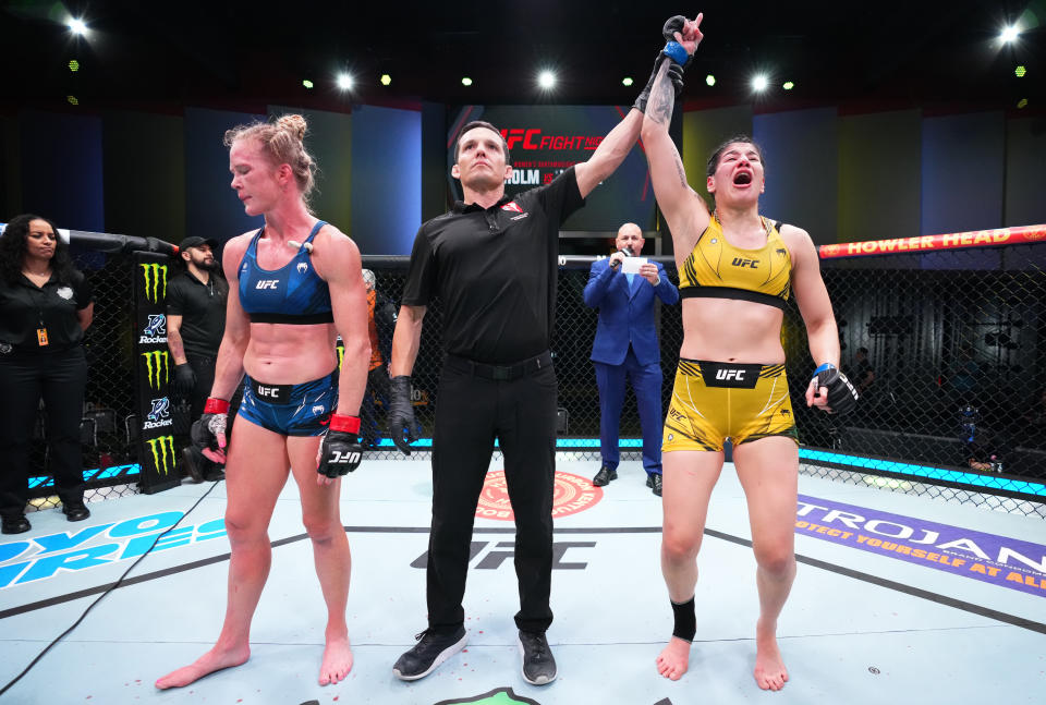 LAS VEGAS, NEVADA - MAY 21: Ketlen Vieira of Brazil reacts after her split-decision victory over Holly Holm in a bantamweight bout during the UFC Fight Night event at UFC APEX on May 21, 2022 in Las Vegas, Nevada. (Photo by Chris Unger/Zuffa LLC)