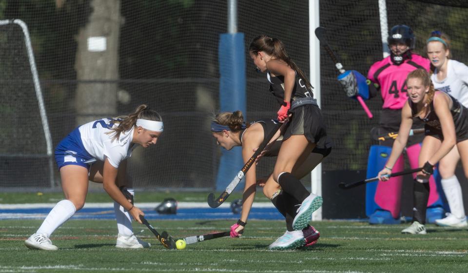 Shore Marielle Montenegro and Borough Sophia Gahagan battle for ball in front of goal. Point Pleasant Borough Field Hockey defeats Shore Regional 3-1 in West Long Branch on October 3, 2023.