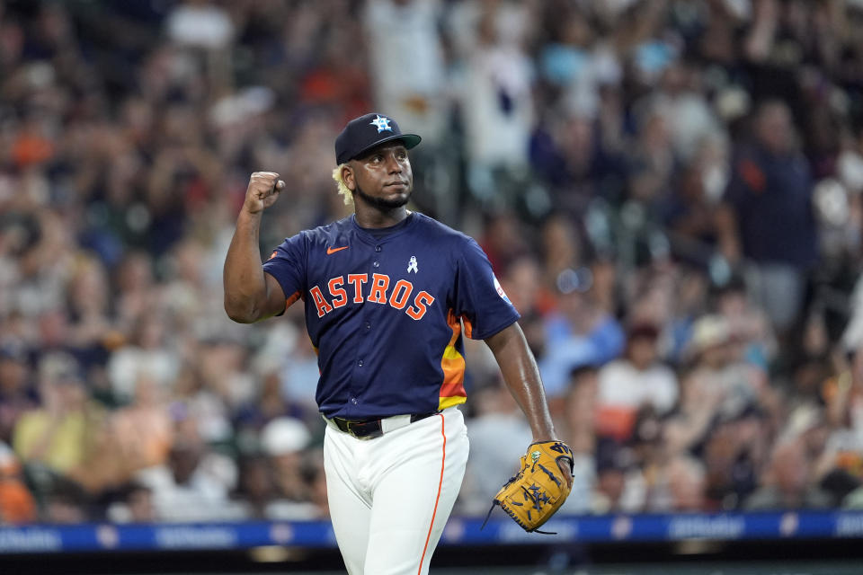 Houston Astros starting pitcher Ronel Blanco reacts after a fly out by Detroit Tigers' Akil Baddoo during the seventh inning of a baseball game Sunday, June 16, 2024, in Houston. (AP Photo/David J. Phillip)