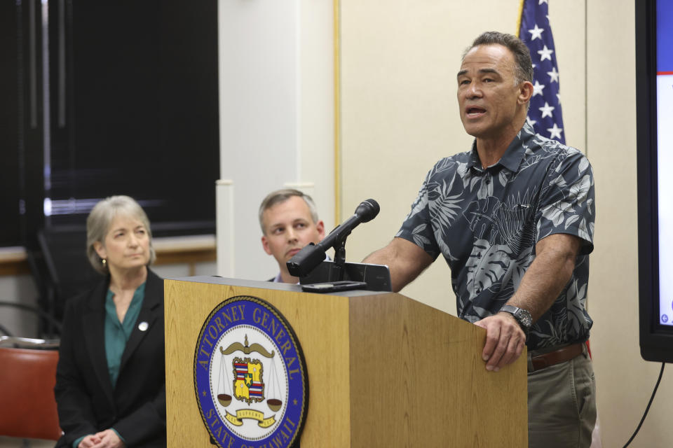 Fire Safety Research Institute (FSRI) members Derek Alkonis speaks about the Maui Wildfire Phase One Report findings during a press conference on Wed, April 17, 2024, in Honolulu. (AP Photo/Marco Garcia)