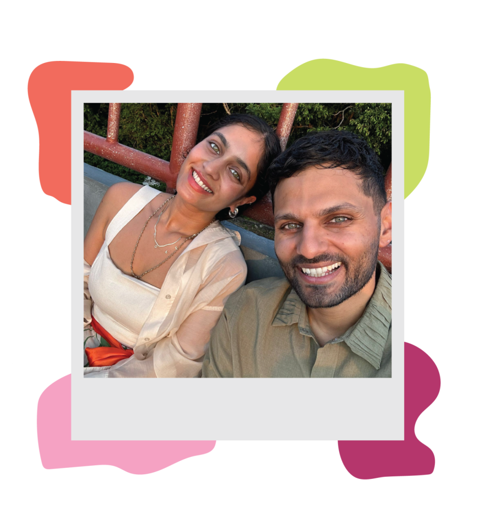 Photo illustration in shape of Polaroid photo of a man and woman smiling, with colorful shapes at the corners.