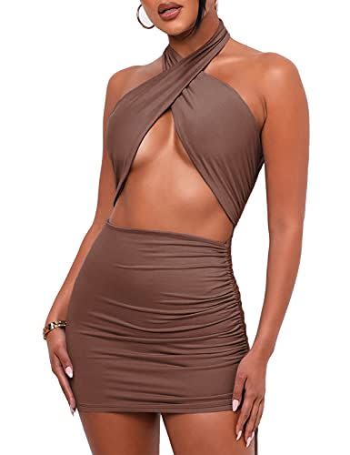 15) Lizstud Halter Criss Cross Ruched Bodycon Dress