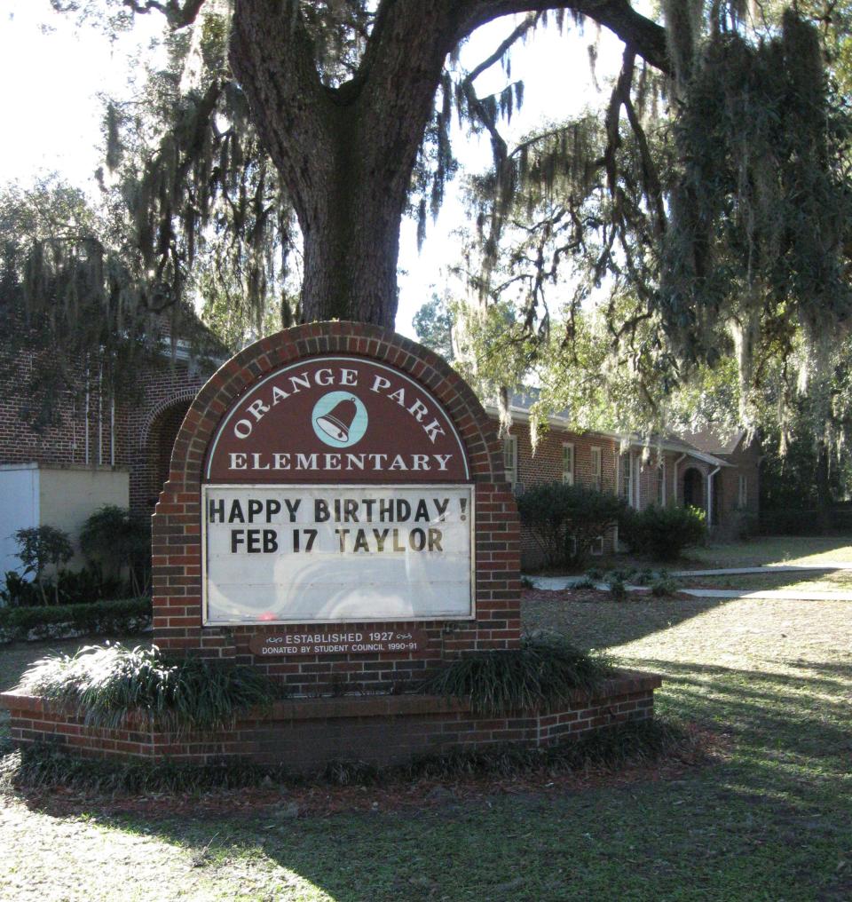 Orange Park Elementary School's entrance sign carries a birthday message in this photo from 2016, wheen the school was among 18 in Clay County that earned "A" grades from the Florida Department of Education.