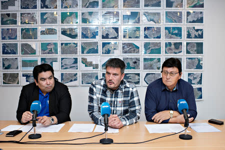 Vittus Qujaukitsoq the leader of Nunatta Qitornai party, left, Kim Kielsen, chairman of Siumut, center, and Siverth K. Heilmann, the leader of Atassut party, right, are pictured in Nuuk, Greenland October 2, 2018. Ritzau Scanpix/Christian Klindt Soelbeck via REUTERS