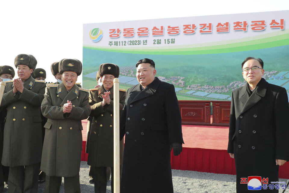 In this photo provided by the North Korean government, North Korean leader Kim Jong Un, second right, participates in groundbreaking ceremonies for new housing and farming projects in Pyongyang, North Korea Wednesday, Feb. 15, 2023. Independent journalists were not given access to cover the event depicted in this image distributed by the North Korean government. The content of this image is as provided and cannot be independently verified. Korean language watermark on image as provided by source reads: "KCNA" which is the abbreviation for Korean Central News Agency. (Korean Central News Agency/Korea News Service via AP)